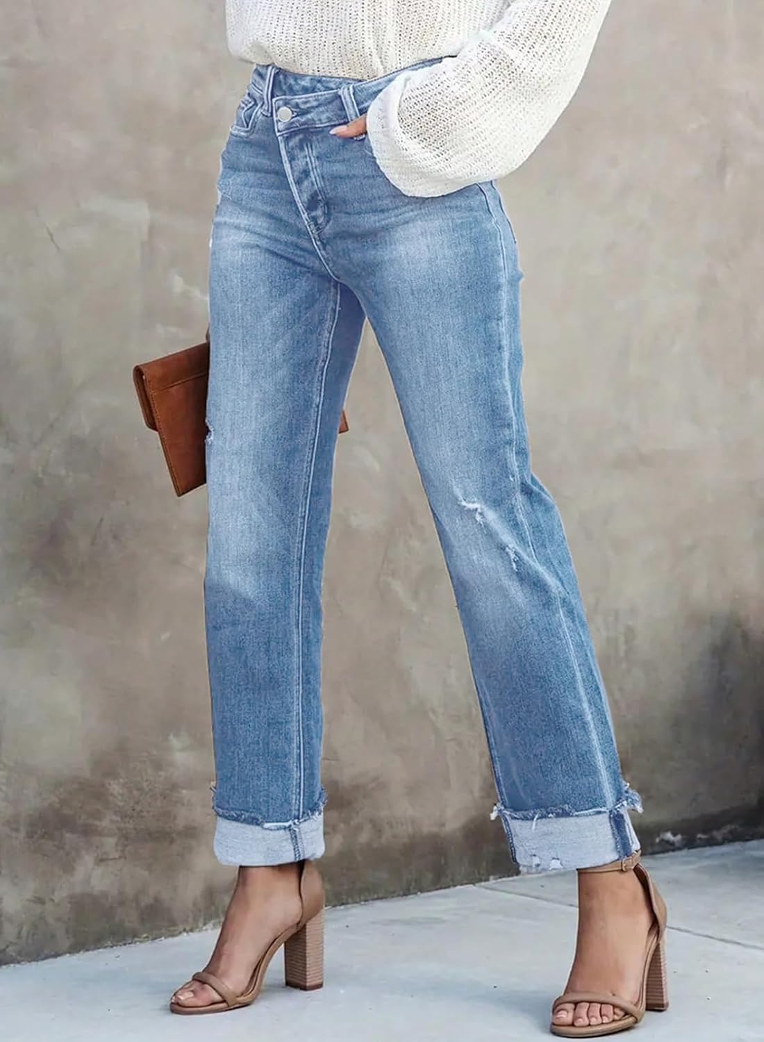 SHEWIN Women's Jeans Straight Leg High Waisted Corssover Boyfriend Jeans Distressed Cuffed Raw Hem Ankle Denim Pants image 3
