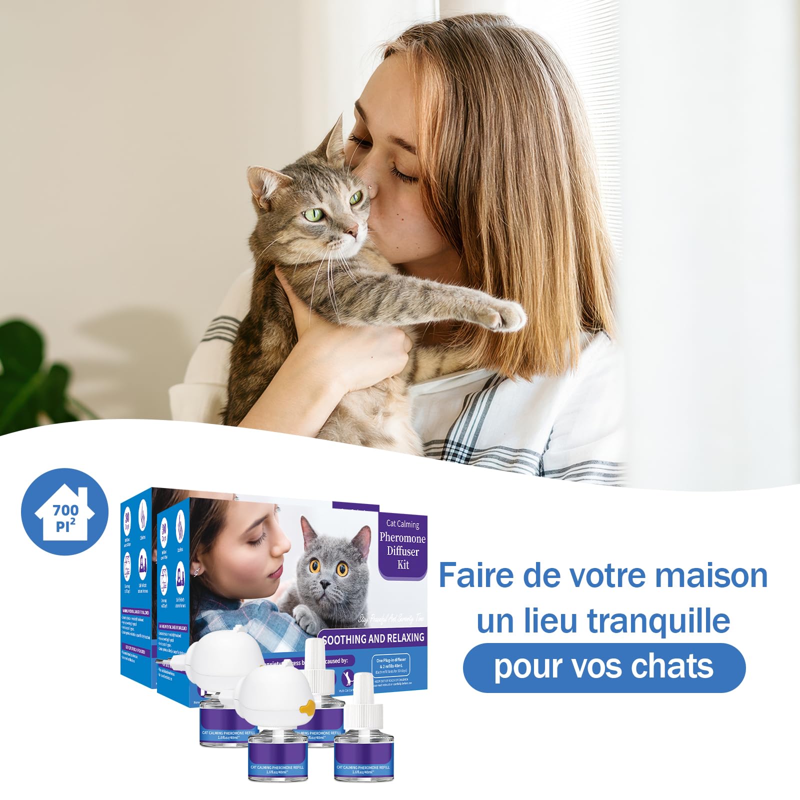 VICSOM Diffuseur Pheromones Chat 6 en 1, 120 Jours Diffuseur Chat Anti Stress, Phéromones pour Chat pour Relaxation, Réduisent l'Anxiété, Diffuseur Feromone pour Chat(1 Diffuseur + 4x48ml Recharges)
