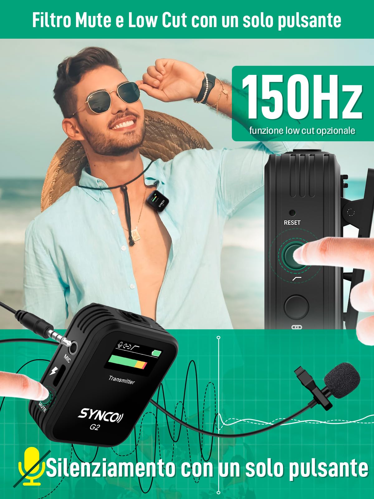 SYNCO Microfono Lavalier Wireless, G2 A1 2.4GHz Microfoni Senza Fili Professionale per Fotocamera Reflex e Videocamera Smartphone iPhone/Android, Microfono-Lavalier-Wireless-Professionale-Fotocamera