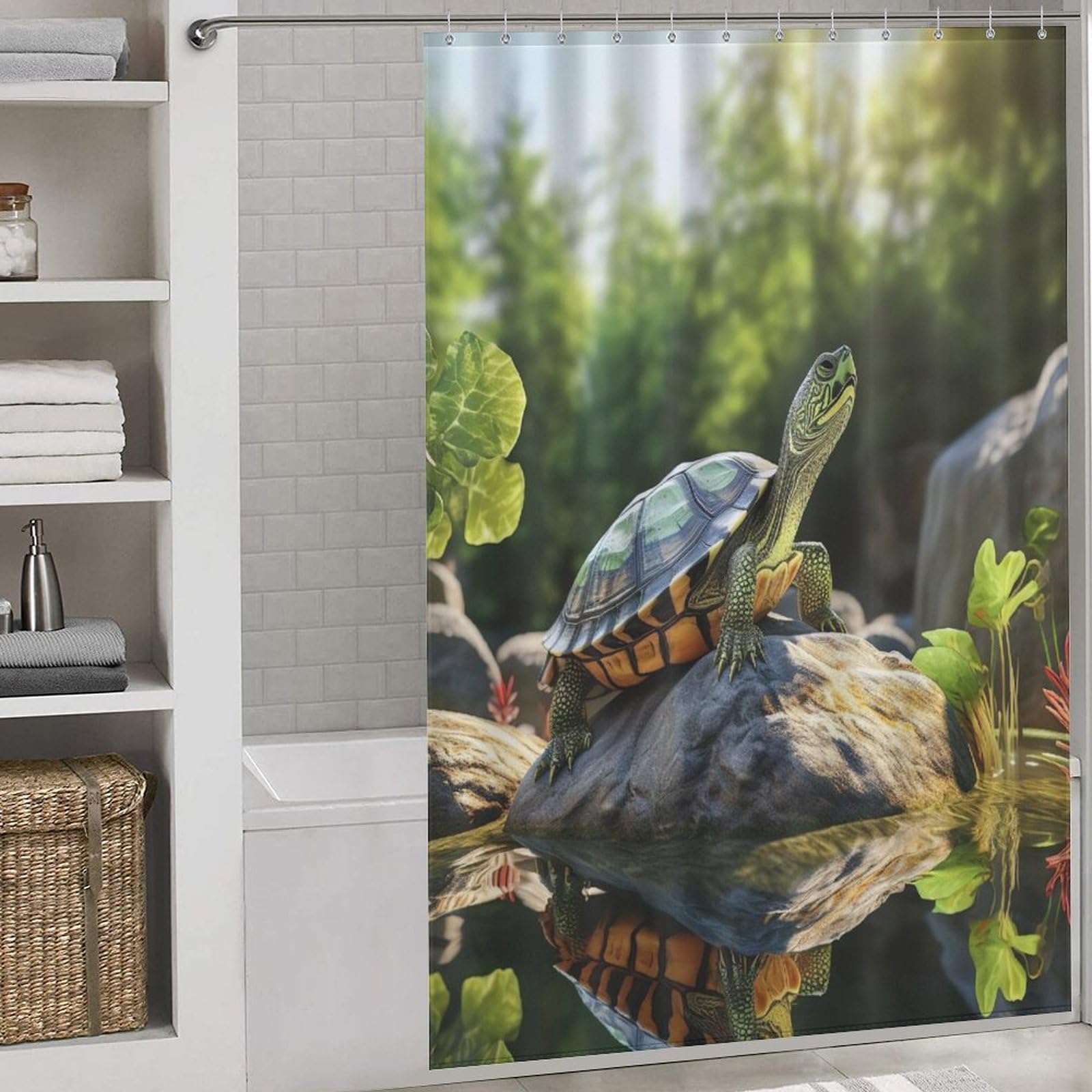 Rideau douche tortues de mer fini l'eau au sol avec ce tissu imperméable lavable 152x183