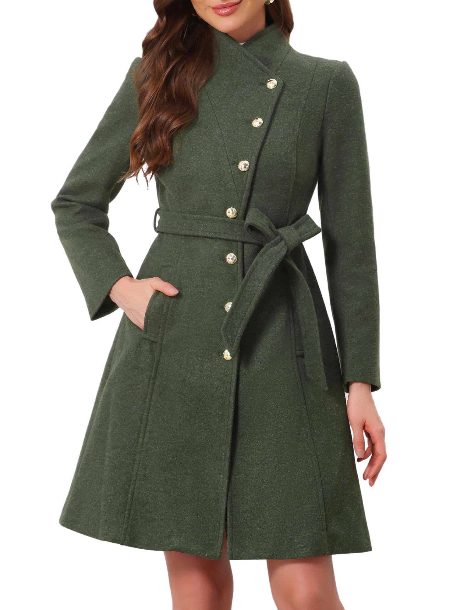 Allegra K Womens Pea Coats Long Winter Stand Collar Belted Trench Coat 2026