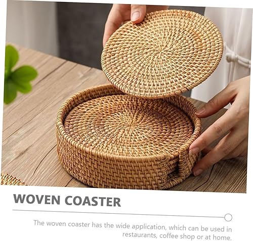Miniatura 7 de Juego de 6 posavasos de ratán trenzados para tazas de té, manteles individuales de escritorio a prueba de calor, posavasos rústicos para mesa de