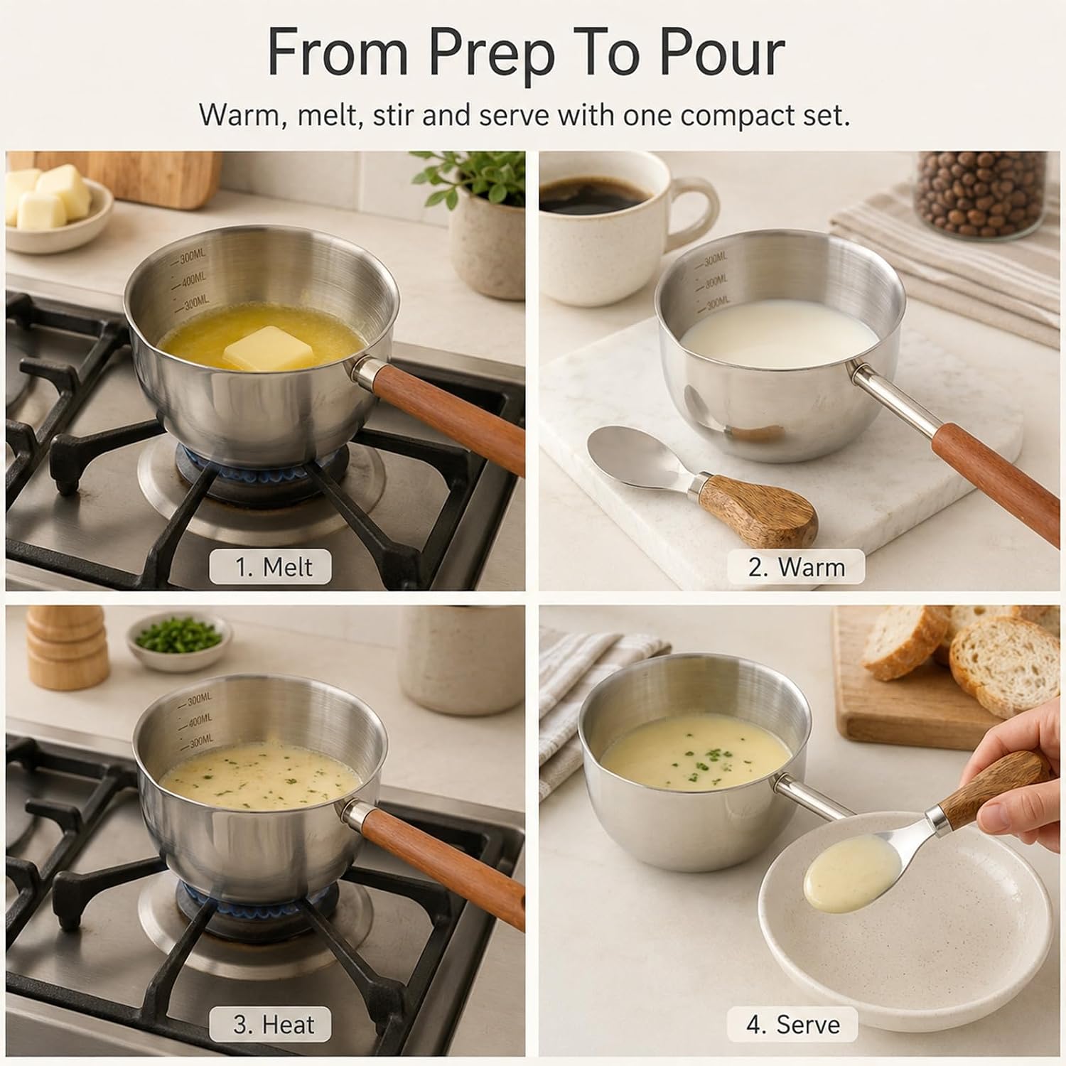17 oz Stainless Steel Mini Butter Warmer Pot with Spoon, Small Sauce Pot with Pour Spout and Wooden Handle for Heating Milk, Butter, Chocolate, Compatible with Induction & Gas Stovetops