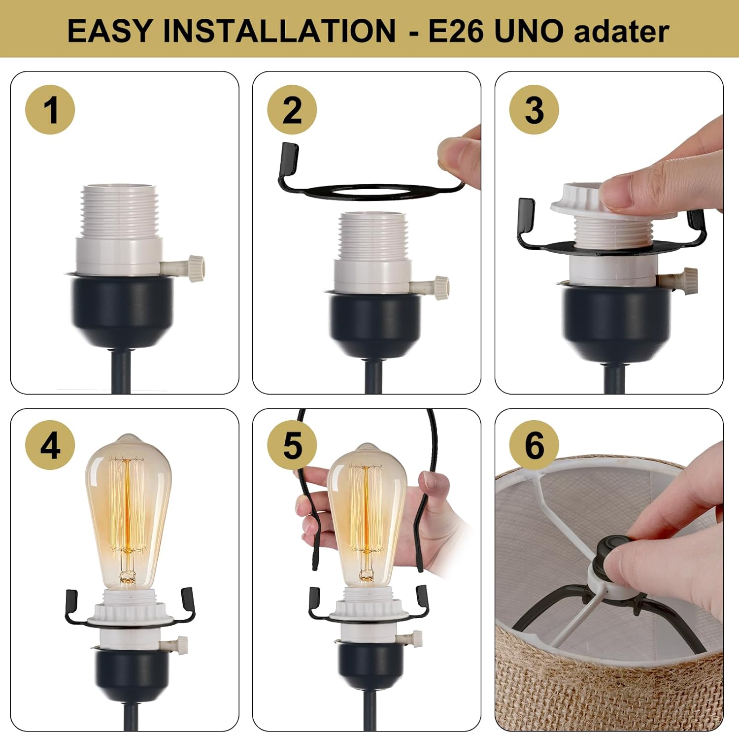 8 inch Lamp Shade Harp Holder,Lamp Harp Fits E26 Light Base UNO Fitter Adapter,Finial and Harp Base Set,Adapted All Styles of 9-10 inch Lampshade,Table and Floor Lamps (Black)