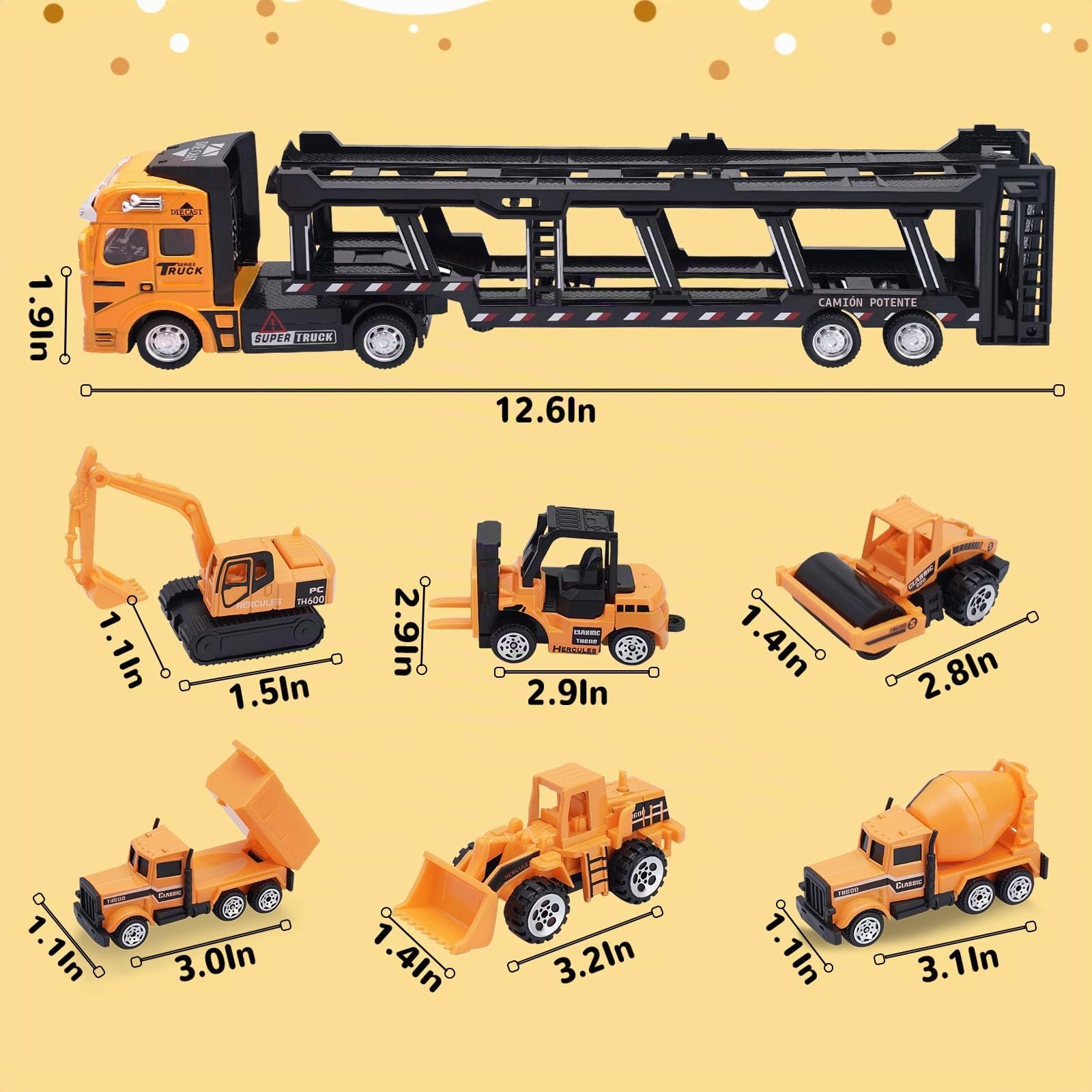 VBACALA Camión de Juguete Coche Transportador de Juguete 7PCS, Mini Sitio de Construcción de Vehículos, Diecast Metal & Pull Back Coche de Juguete para Excavadora de 3 Años Niño Niña