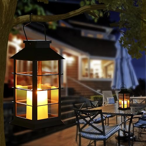 Miniatura 10 de Tomshine Paquete de 2 linternas solares linternas colgantes de jardín al aire libre 118 pulgadas luces LED parpadeantes sin llama para patio mesa