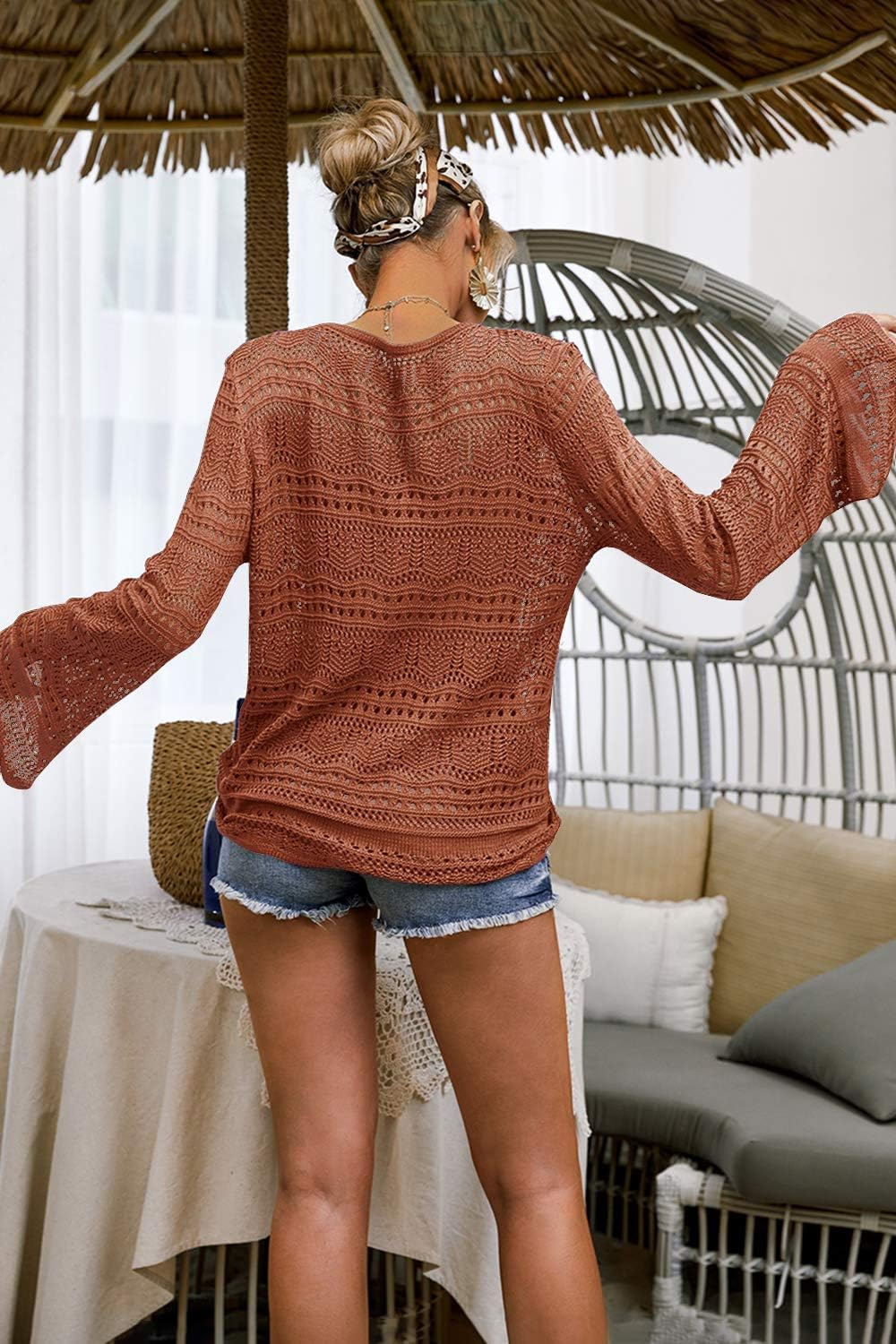 Women Crochet Top Beach Cloth Drawstring Cover Up Oversized Sexy Beachwear image 3