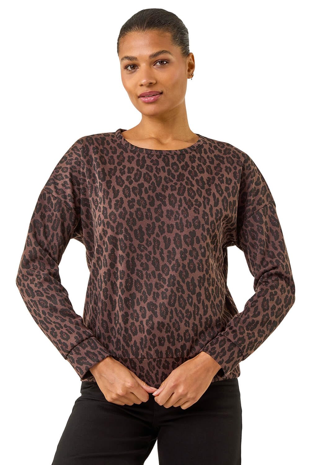 Roman Women's Animal Print Metallic Stretch Top in Chocolate | Size: 18