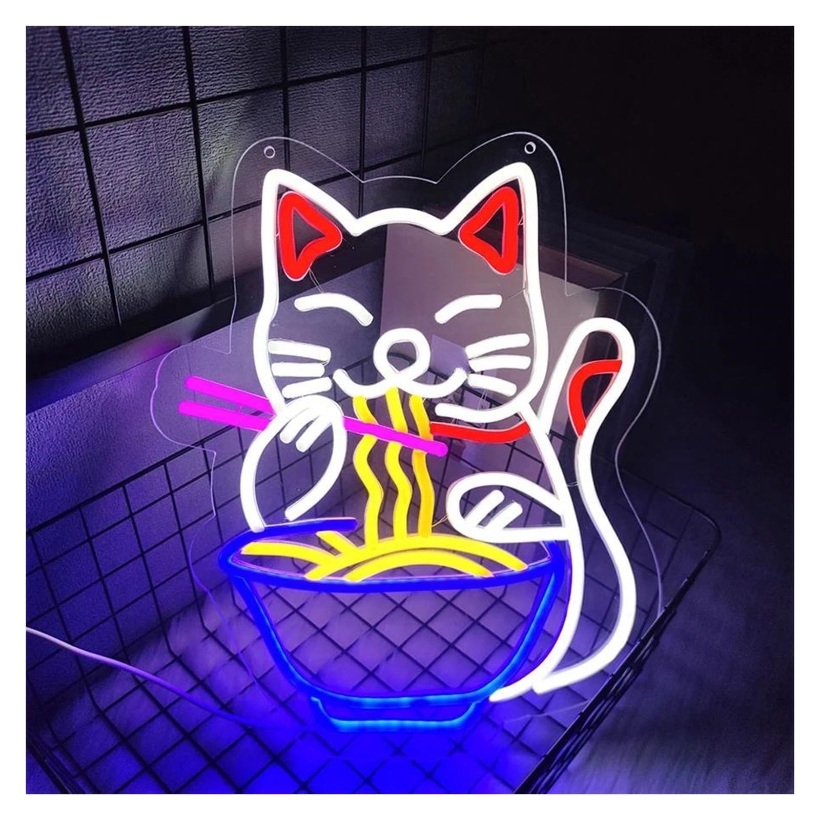 Décor Mural Lumière Enseigne Au Néon Ramen Chat Fortune Pour Décoration Murale, Lumières Néon Chat Alimentées Par USB, Utilisées Pour La Décoration De Cuisine Magasin 32.5cm×40cm