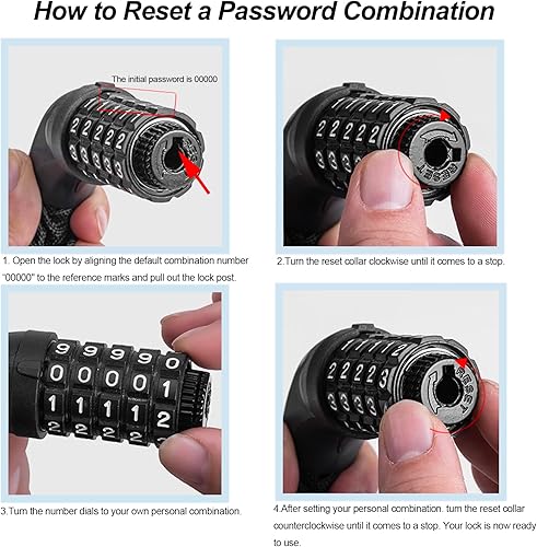 Miniatura 5 de Cerradura de cadena antirrobo con combinación de 5 dígitos reiniciable, 3.9 pies de largo, sin llave, para bicicletas, scooters, motocicletas,