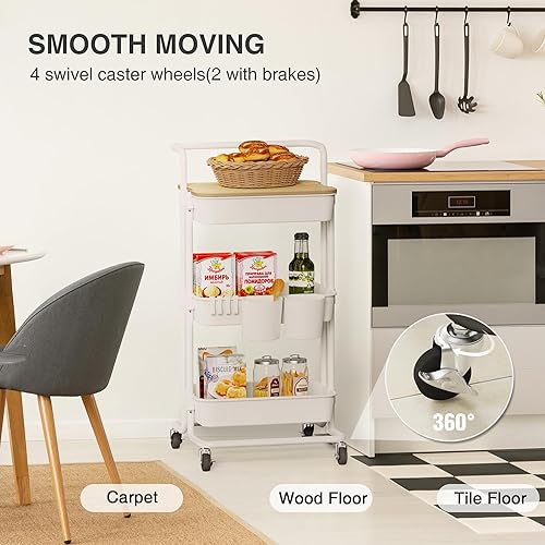 Vista 19 de DTK Carrito utilitario rodante de 3 niveles con tapa superior, carrito de almacenamiento de cocina móvil con ruedas bloqueables, tazas, ganchos