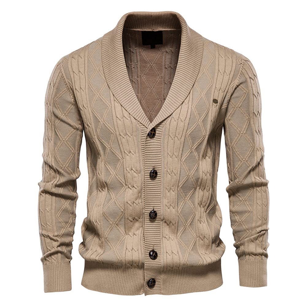 chroes Men's Classic Cable Knitted Button Down Shawl Collar Cardigan Sweaters |Khaki |M-picture-23