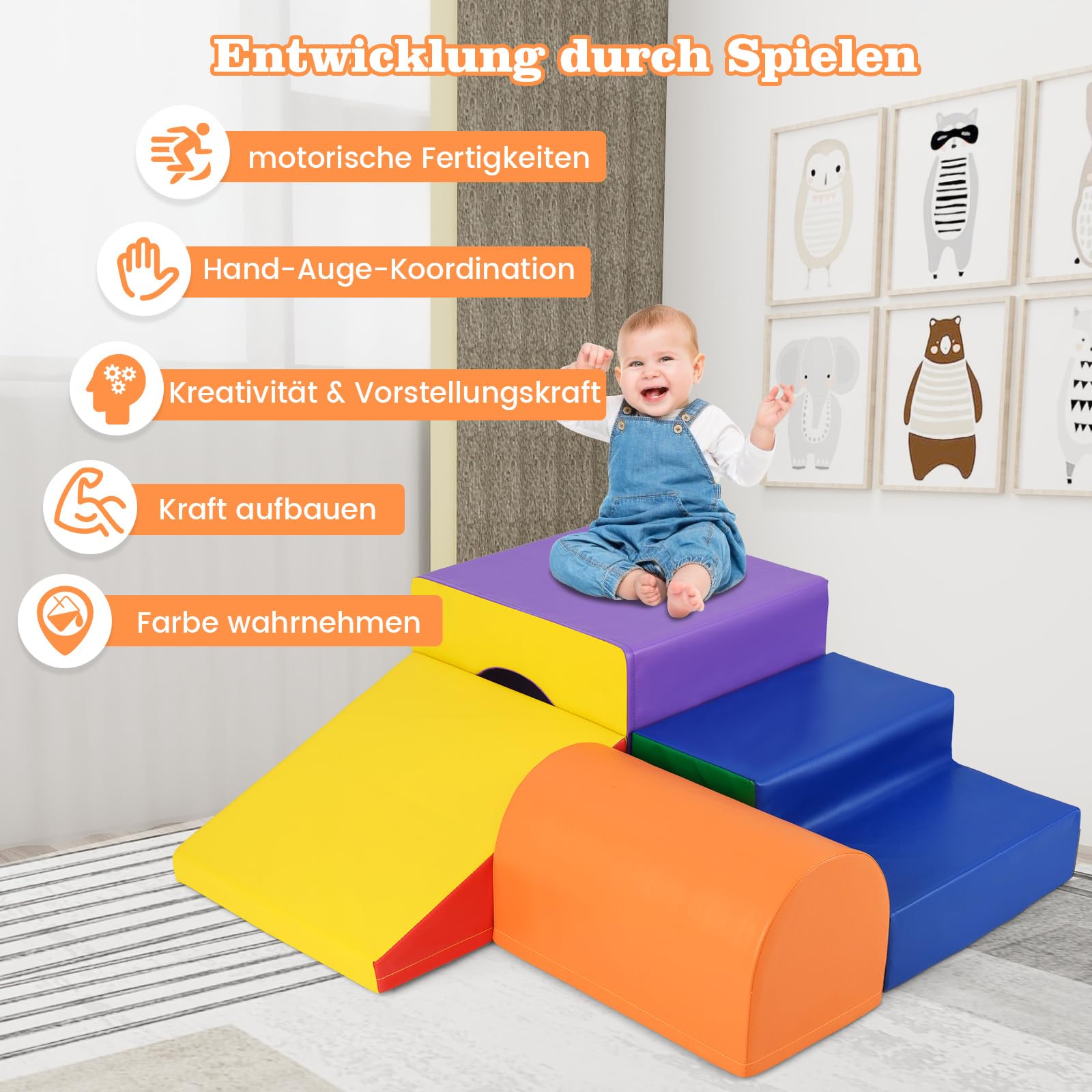 COSTWAY 4 TLG. Schaumstoffbausteine, Softbausteine zum Klettern und Toben, Riesenbausteine aus Schaumstoff, Großbausteine Bauklötze Indoor für Babys und Kleinkinder (Bunt)