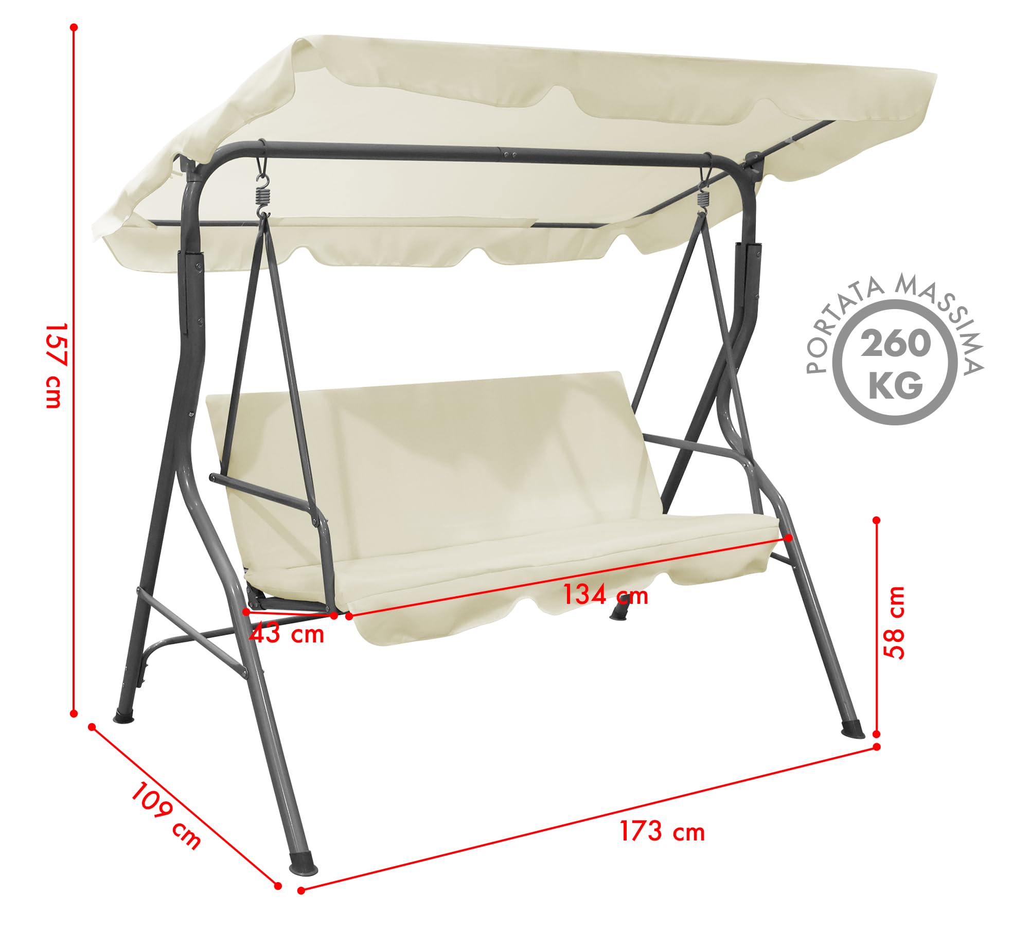 IlGruppone Dondolo da Giardino 3 Posti con Tetto Parasole Regolabile Reclinabile Impermeabile Struttura in Acciaio 173x109x157 Cm Tinta Unita Seduta Ammortizzata - Crema