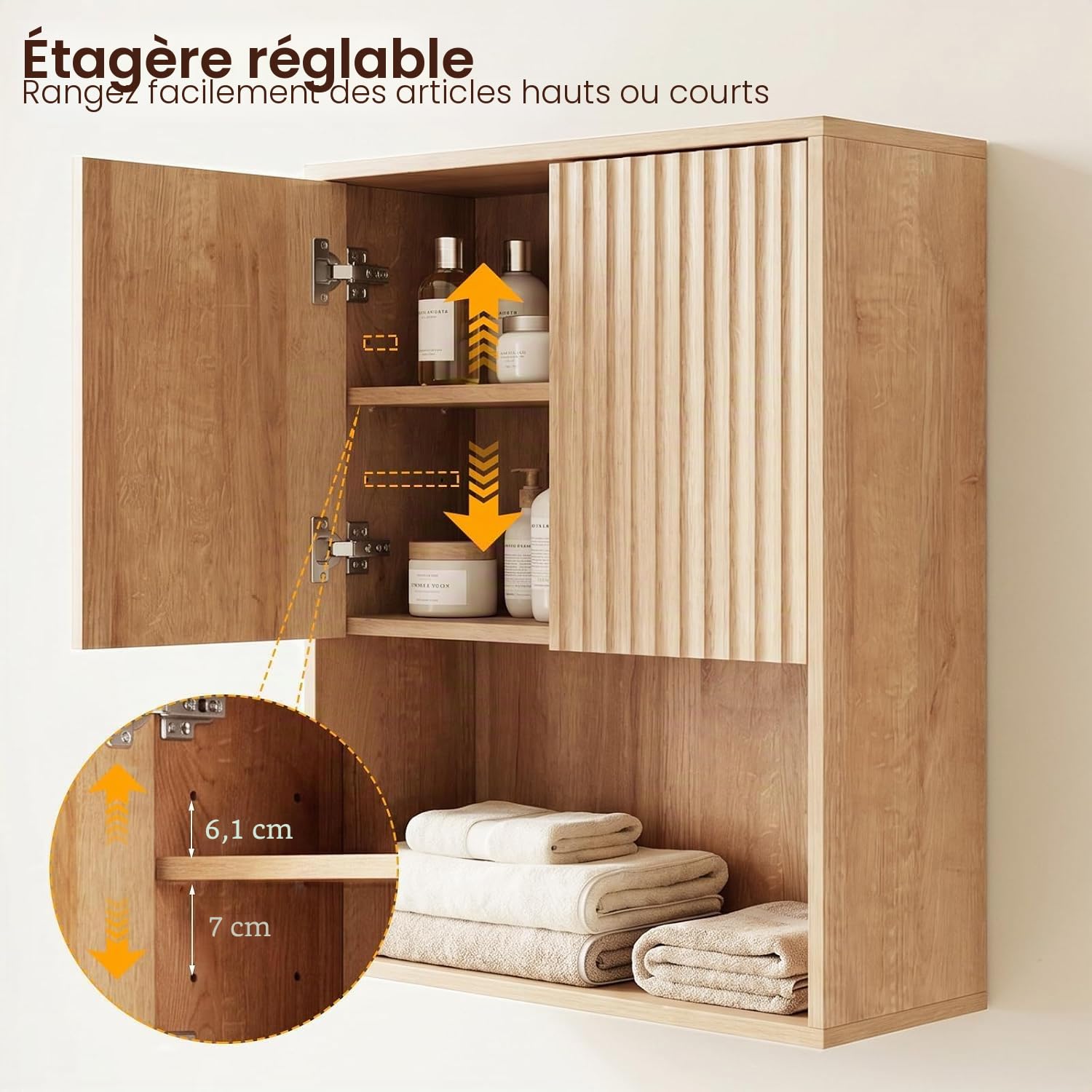 Armoire Murale de Salle de Bain en Bois à 3 Étagère, 60x22.5x73cm, Chêne