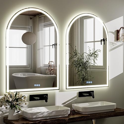 Miniatura 7 de BEAUTYPEAK Espejos de baño de arco LED con luces, espejo de arco de 40 x 30 con marco de metal, antivaho, espejo LED con luz frontal y
