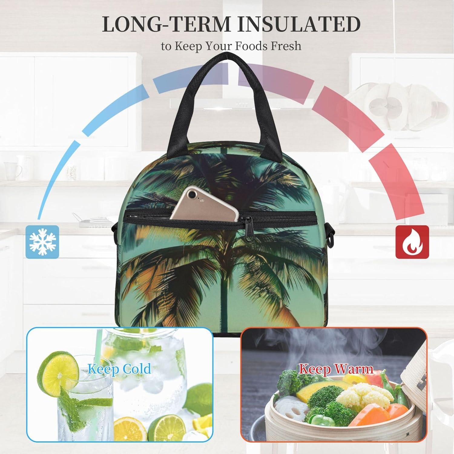 Palm Tree Print Reusable Lunch Bag Insulated Lunch Boxes for Office Work Picnic Tote Bag Adjustable