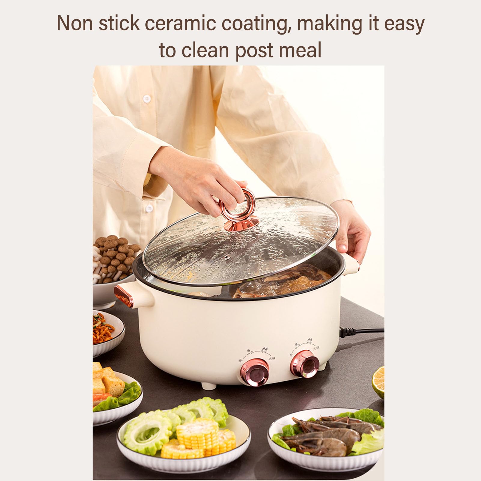 Luocute Hotpot Eléctrico con Divisor 7l Gran Capacidad Doble Sabor Doble Hot Hot Dual -Side 2 Temp Temp Sabtings por Lado para Cocinar Freing Beige