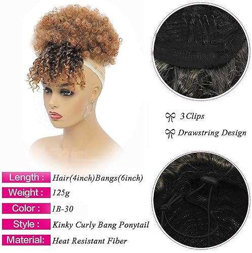 Miniatura 5 de G&T Wig Cola de caballo de cabello afroamericano con cordón y flequillo, cola de caballo corta rizada con clip, extensiones de cabello con clip para