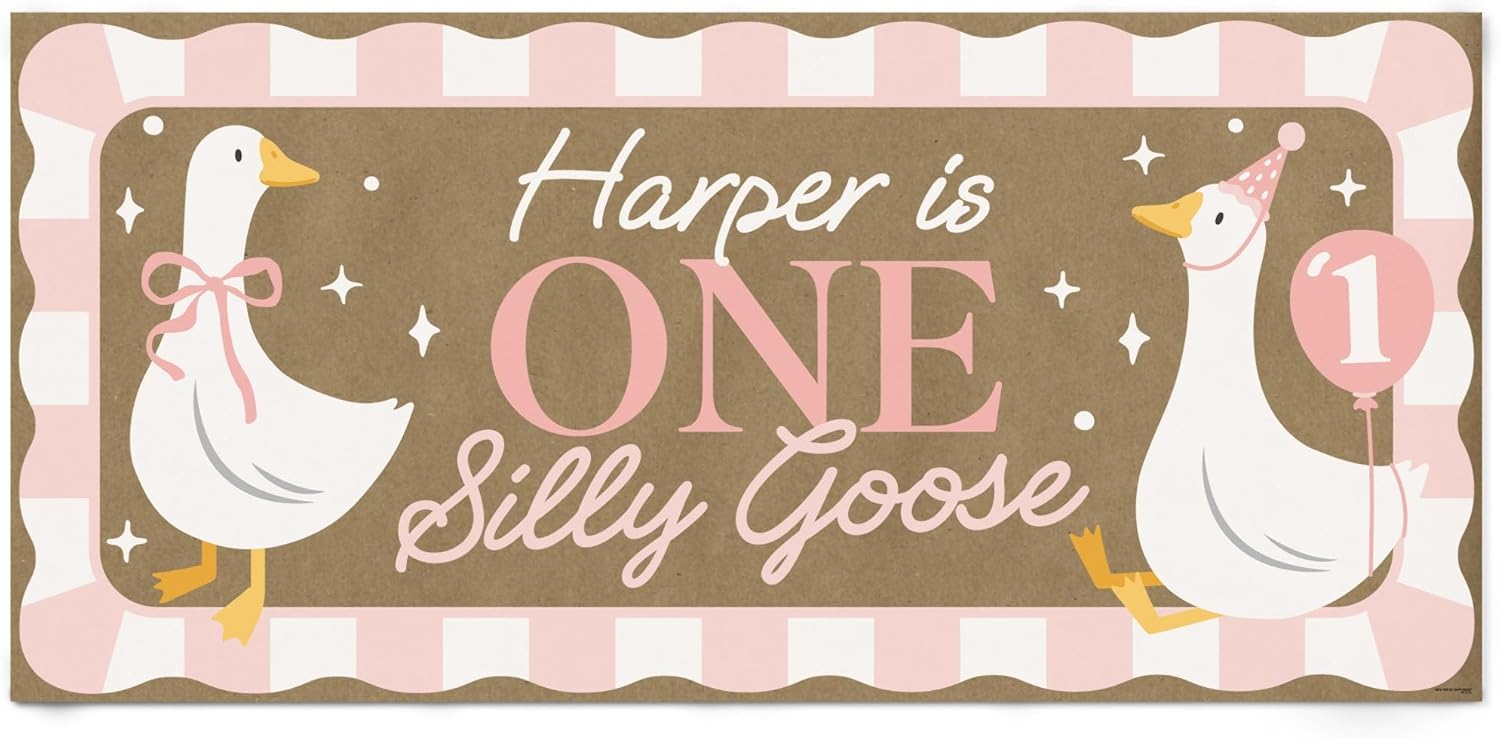 Big Dot of Happiness Personalized One Silly Goose Pink Kraft Paper Banner, Girl 1st Birthday Party Banner, Custom Name Printed Brown Paper Party Sign Decoration – 1 Count