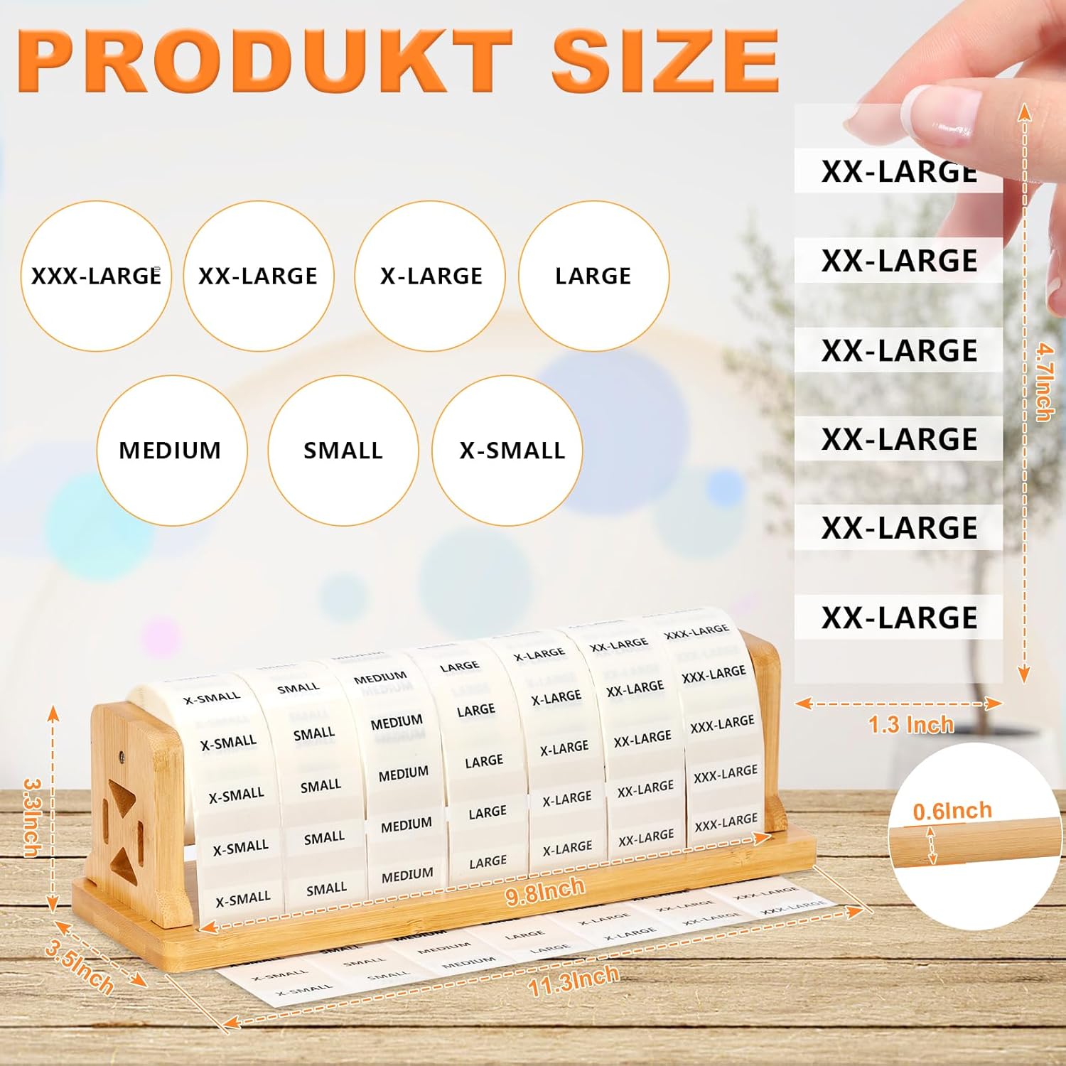 1050Pcs Clothing Size Label Dispenser with Clear Clothing Size Strip Labels 11.3*3.3*3.5inch Wooden Label Dispenser Label Stand Holder Sticker Roll Holder Organizer For Tshirt Size Stickers 7 Sizes