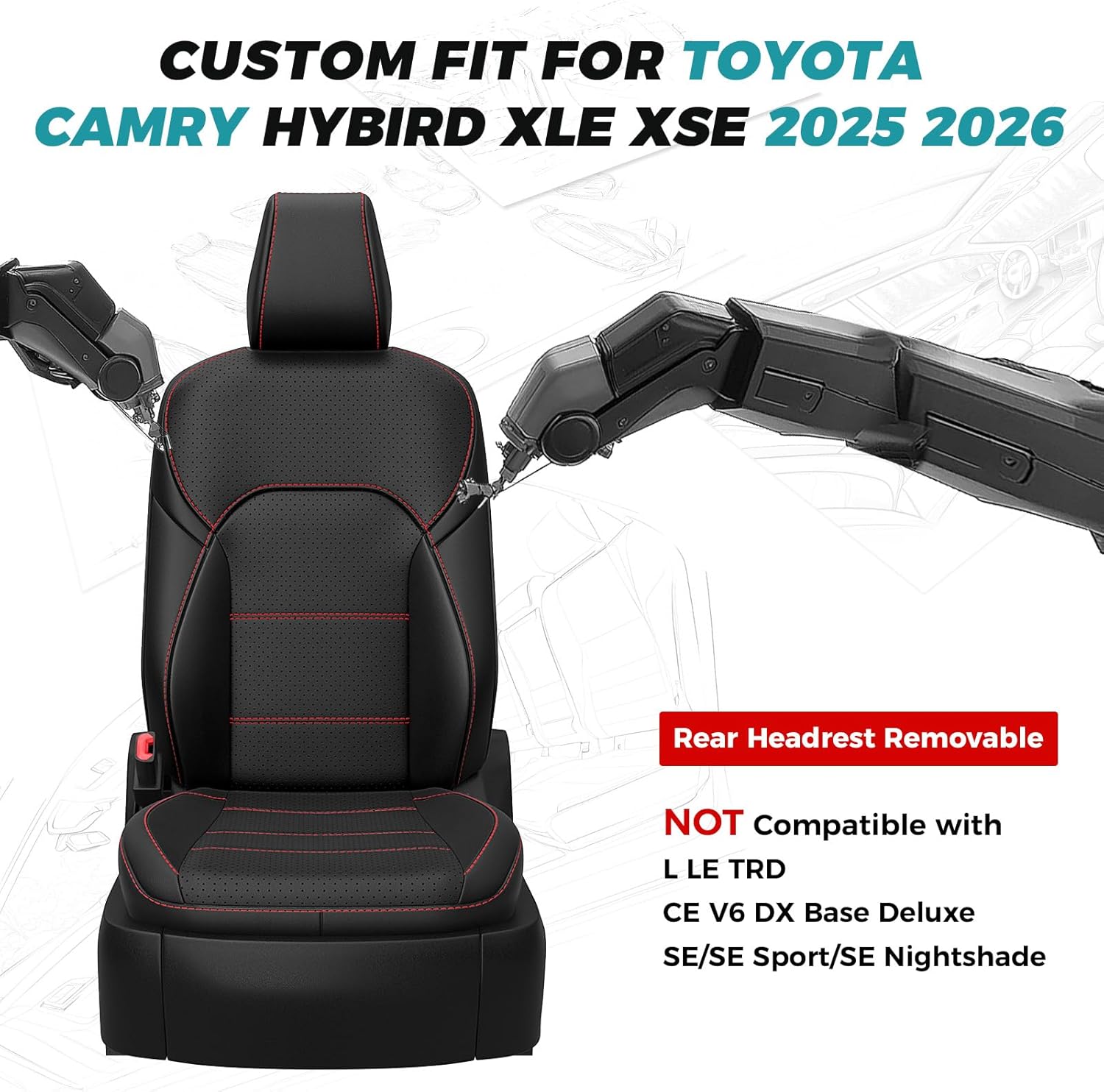 feinepro custom fit seat covers for toyota camry 2025-2026 xle/xse - premium faux leather full set with 4-layer waterproof protection black with red trim 2025-2026 camry xle xse
