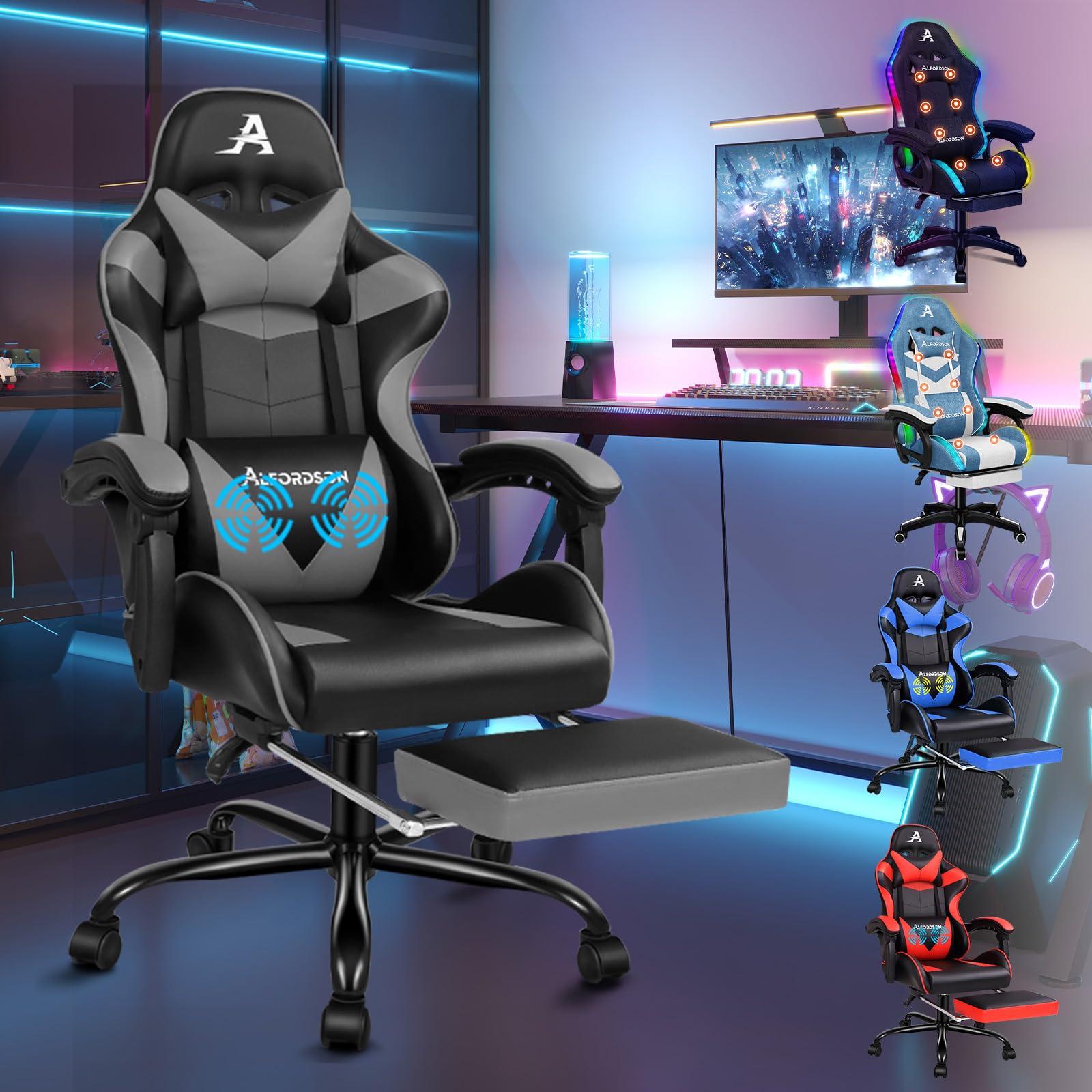 ALFORDSON Sedia Gaming Massaggiante, Sedia Gamer Professionale con Cuscino Lombare & Poggiatesta, Poltrona Ergonomica da Ufficio con Poggiapiedi, Regolabile 90-150°, Portata 180 kg, Similpelle(Grigia)