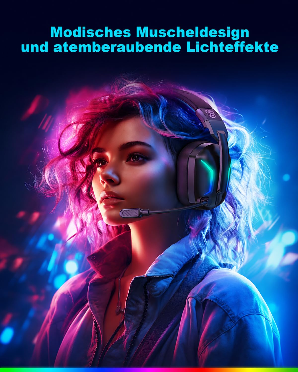 Fachixy Wireless Gaming Headset mit Mikrofon für PS5, PS4, PC, Switch, Mac und Laptop, 2,4GHz Low Latency USB & Bluetooth, faltbar mit LED-Licht, Surround Sound und 80 Std. Akkulaufzeit