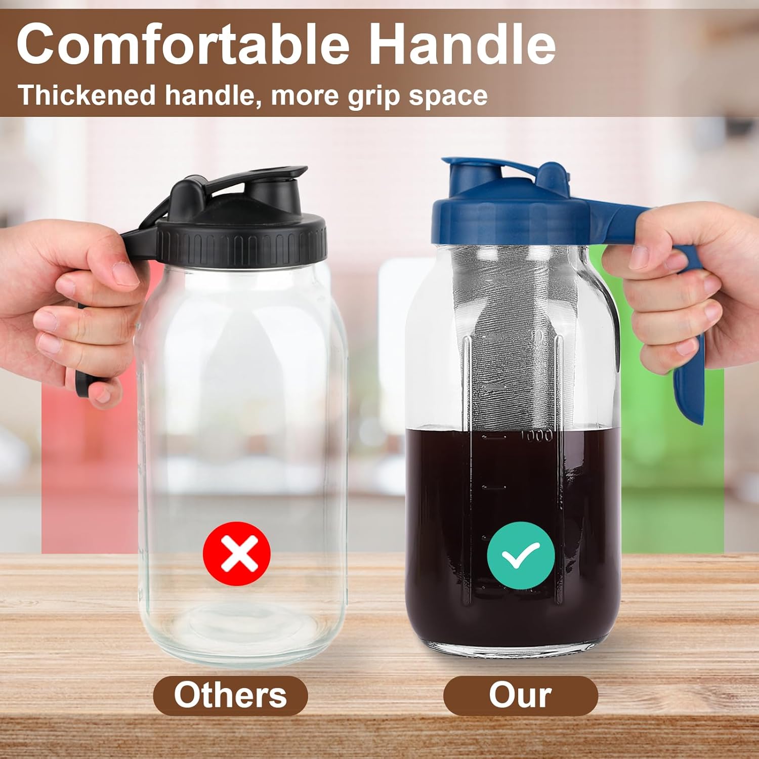 Cold Brew Coffee Maker Pitcher,32 Oz Glass Mason Jar Pitcher with V-shaped Pour Spout Handle Lid,Stainless Steel Filter for Iced Coffee,Iced tea,Breast Milk,Fruit Drinks,lemonade-Blue - Image 8