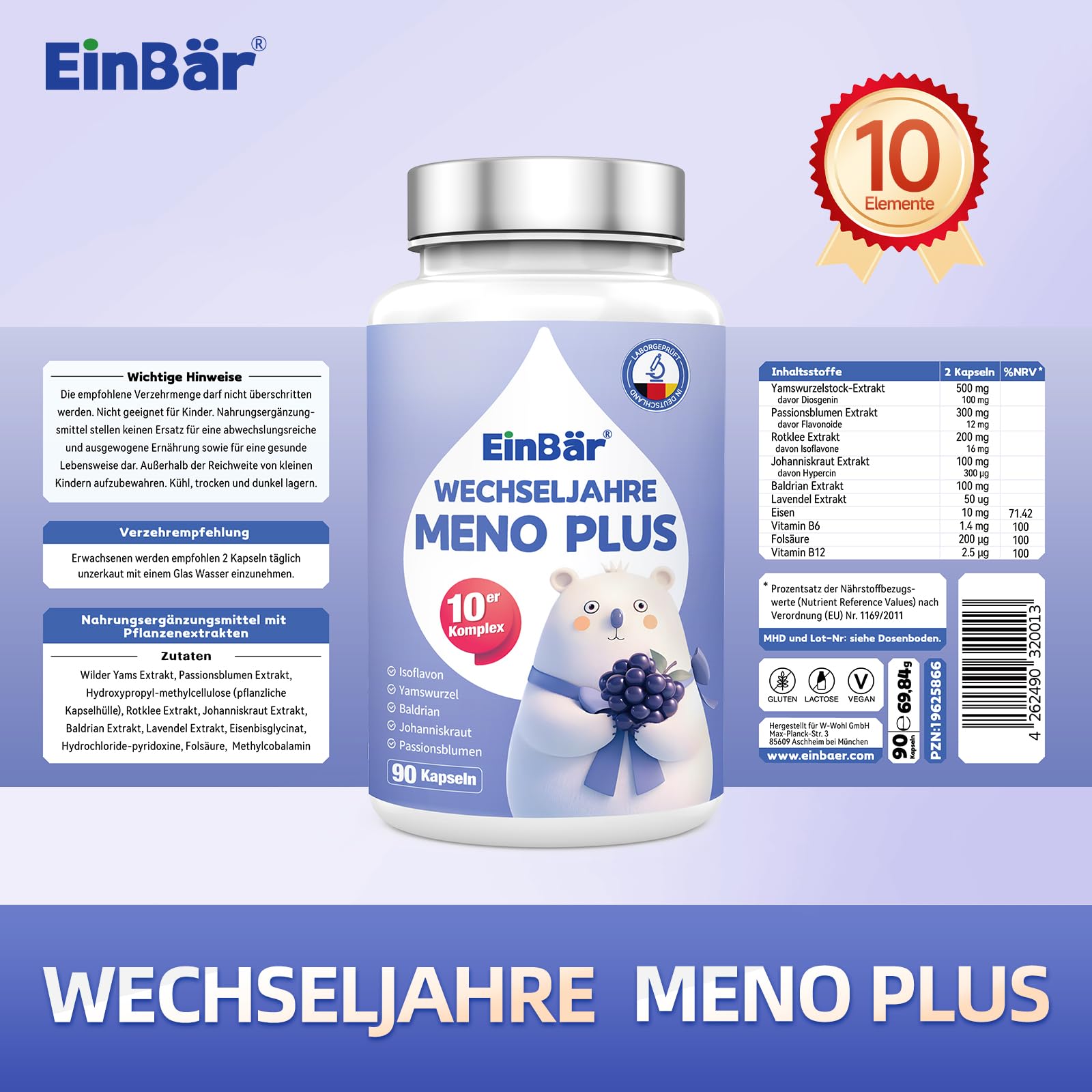 Wechseljahre Hormonbalance – 10-fach Komplex für Frauen mit Yamswurzel, Rotklee, Isoflavonen, Baldrian, Vitamin B9+B12 – MENO Formel vegan produziert in Deutschland