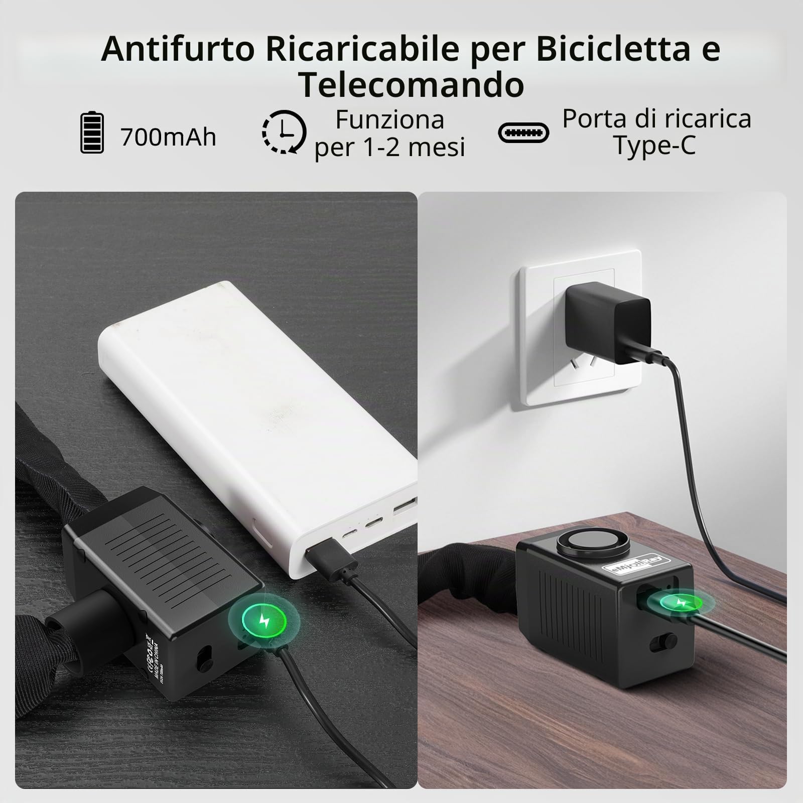 Antifurto per Bici, Allarme Catena, Lucchetto per Bici 110dB, Sicurezza 8mm x 1,2m, Catena con Chiave e Telecomando, Lucchetto per E-Bike, Scooter, Bici in Acciaio Resistente Ricaricabile