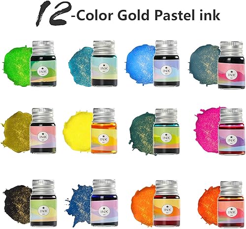 Miniatura 4 de ESSSHOP Juego de 17 bolígrafos de tinta de inmersión de vidrio con diseño de arco iris, 2 puntas de repuesto, 12 tintas para firmas, tarjetas de
