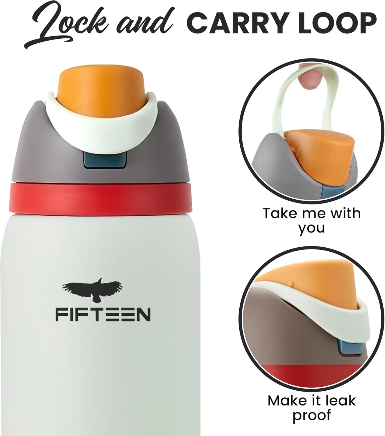 FIFTEEN 32 oz Insulated Stainless Steel Water Bottle with Flip Straw & Handle – Leakproof, BPA-Free, Double Wall Vacuum Flask for Hot & Cold, Gym, Travel, Office (White) - Image 4