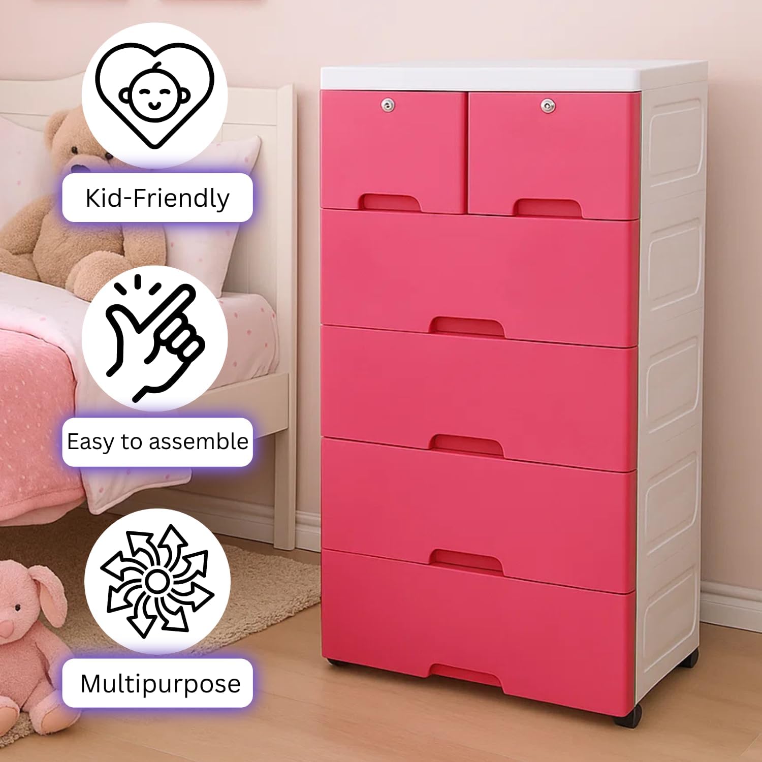 The Tickle Toe 6-Drawer Glossy Plastic Chest for Kids | Dark Pink Storage Organizer with Locks | Portable Child-Safe Cabinet for Clothes & Toys | 44L x 28.5W x 82H cm | Made in India 3