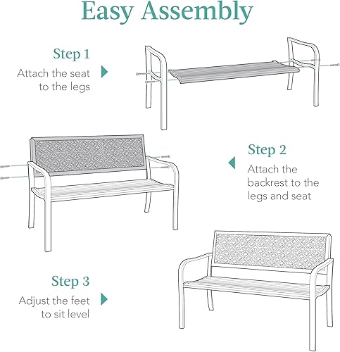 Miniatura 7 de Best Choice Products Banco al aire libre para 2 personas, muebles de bancos de acero metálico para jardín, patio, porche, entrada con respaldo