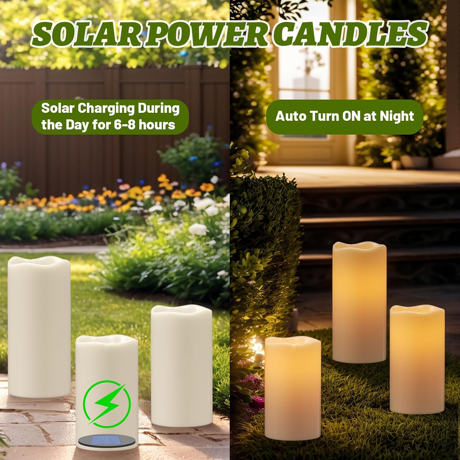 Wondise Solar Candles Outdoor Waterproof IP65 Rechargeable Solar Candles, Dusk to Dawn, Outdoor Pillar Candle for Camping Patio Porch Lanterns(3 Pack, 3" D x 5" H x 6" Hx 8" H)