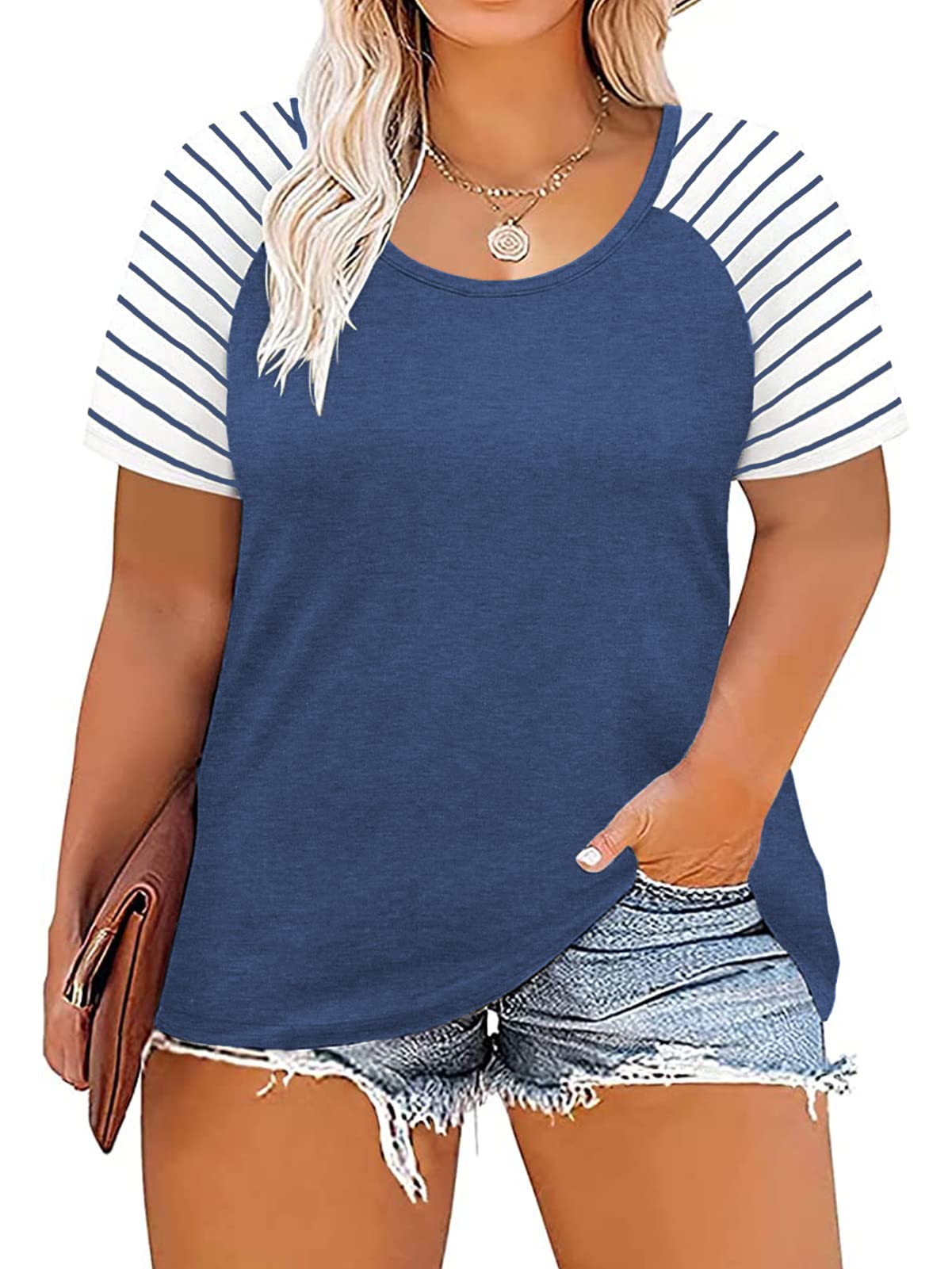 DOLNINE Women's Plus Size Tops Striped Raglan Tee Shirts Casual Tunics Blouses