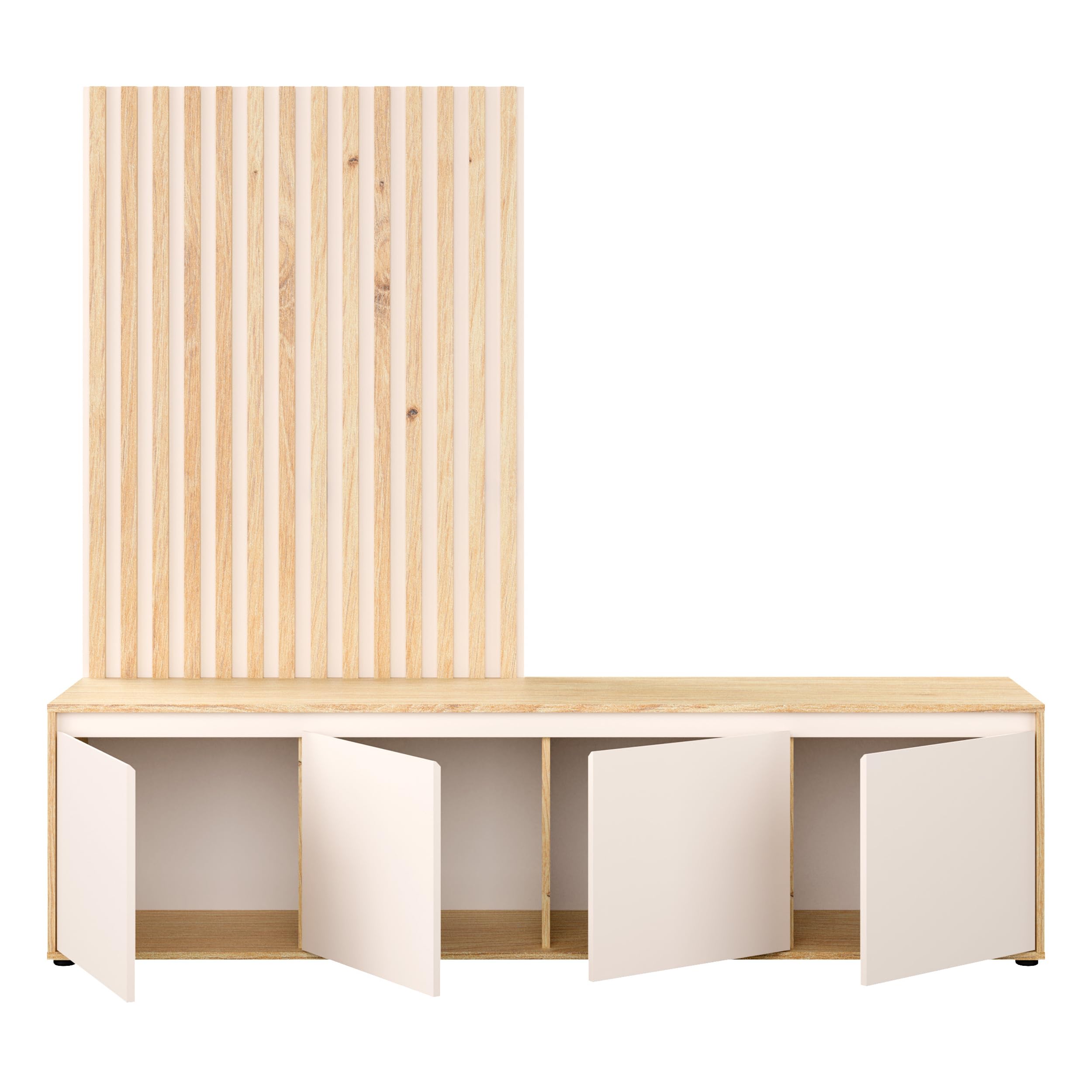Forte SKELPE Wohnwand 190, Moderne Skandi Stil Wohnwand mit Lowboard 4-türig und Latten-Wandpaneele, Artisan Eiche Holzdekor/Kaschmir Beige, 188,3 cm breit x 169,7 cm hoch x 42 cm tief