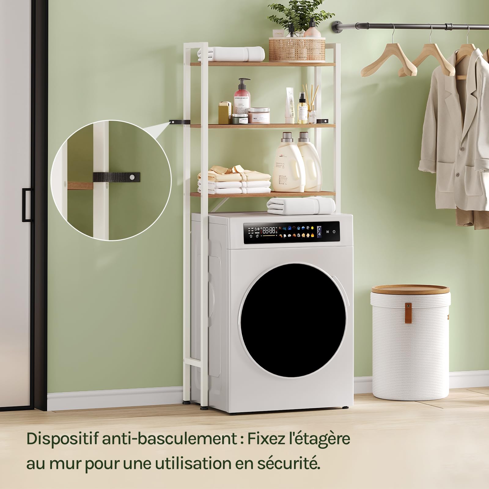 EUGAD Meuble WC, Meuble Dessus Machine à Laver, à 3 Niveaux, Gain d'Espace, Chêne Clair + Blanc, 67x20x164cm