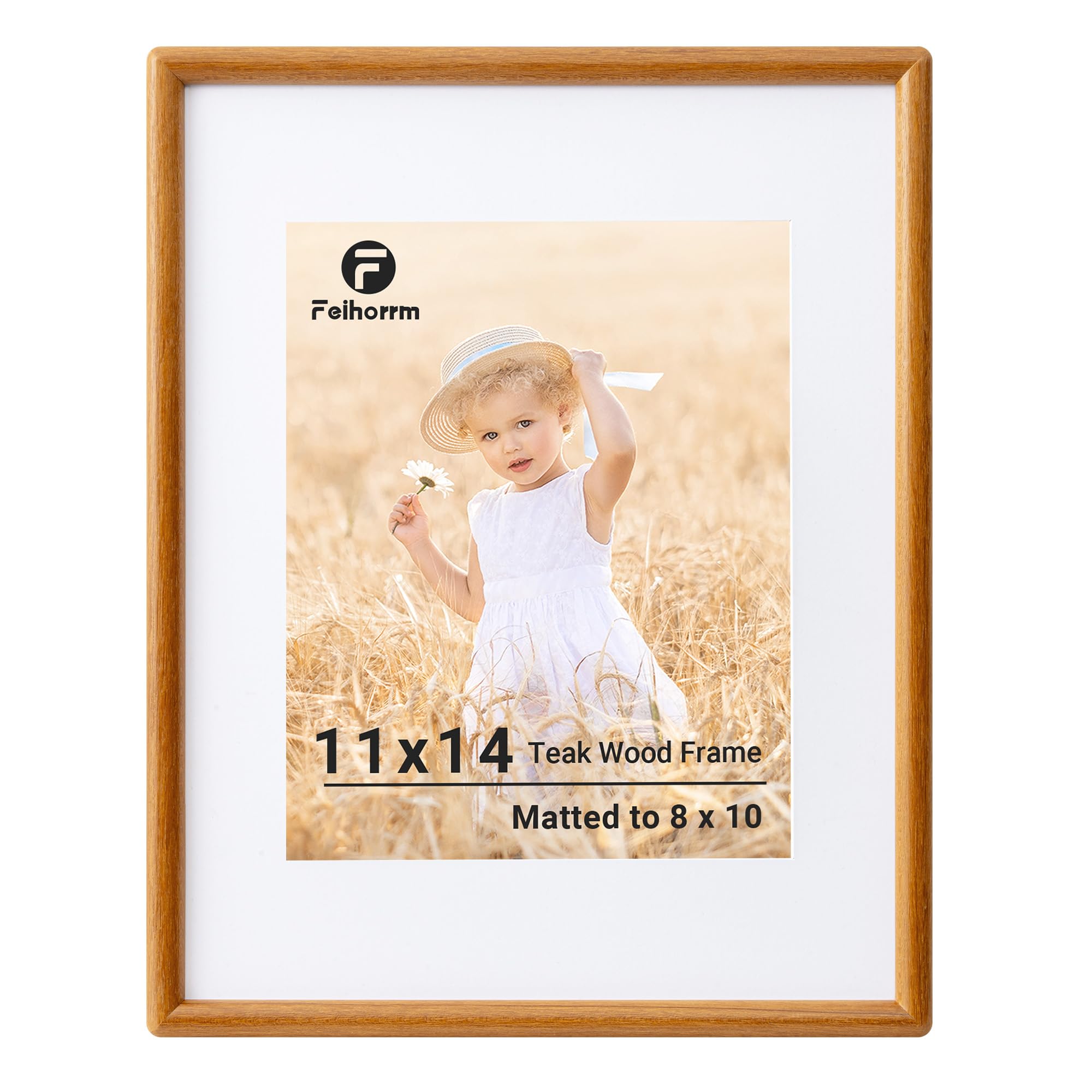 Feihorrm 11x14 Picture Frame, Teak Solid Wood Photo Frame, 11 x 14 inch Frame, 11x14 Frame Matted to 8x10 Photos, Handcrafted Rounded Corners with HD Tempered Glass, Wall Mount Display