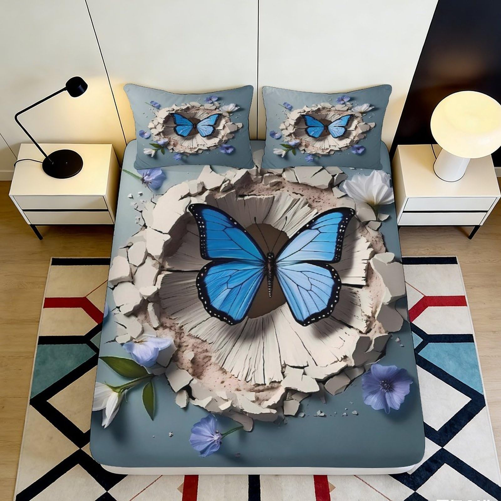Decorative Blue Butterfly Fitted Sheet 3D Printed Soft Touch Microfiber for Bedroom Guest Room Bedding Anti-Slip Machine Washable 90x200x25cm
