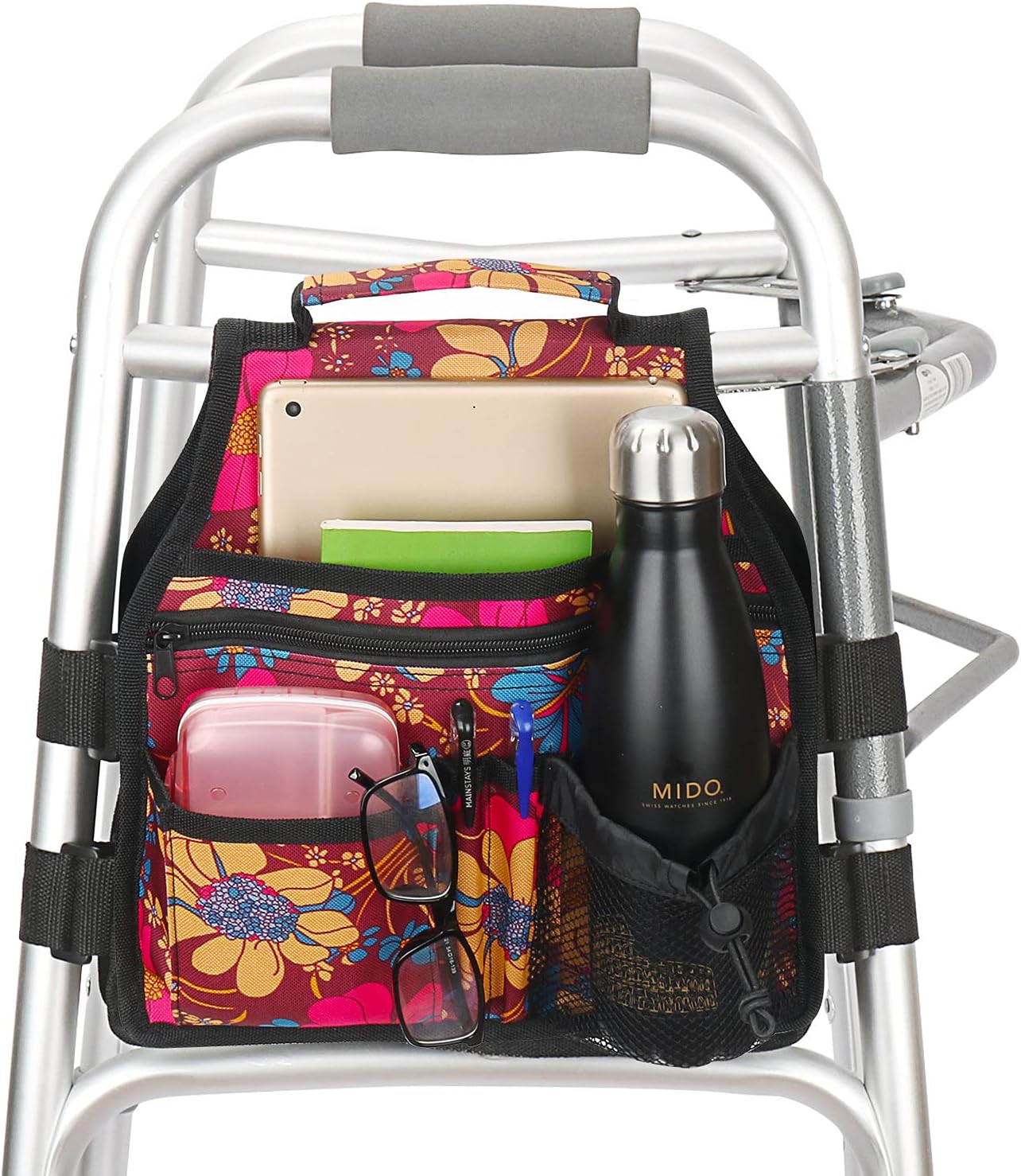 Side Walker Bag with Cup Holder, Folding Walkers Side Accessaries Organizer Pouch Tote for Seniors, Elderly (Flower) : Health & Household
