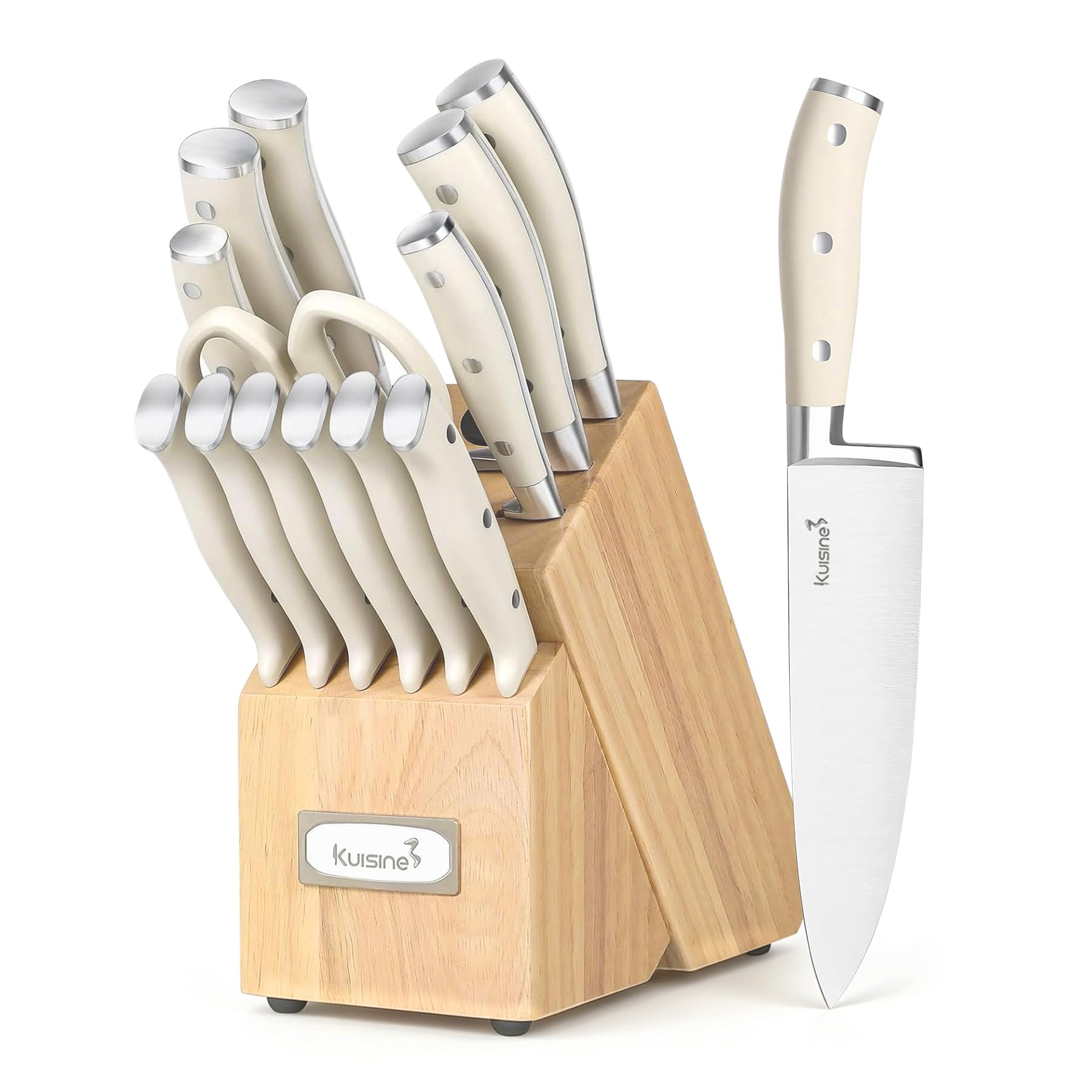 KUISINE Upgraded Knife Set High Carbon Stainless Steel Ultra Sharp Blade Ergonomic Handle,Knife Block Set with Built-in Sharpener(Ivory Acacia,15PCS)