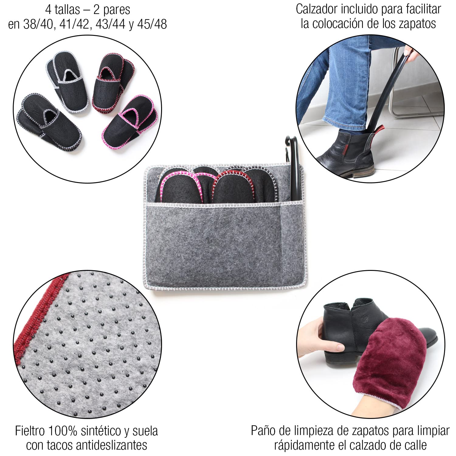 Amazy Zapatillas Casa (8 Pares) Incl. Bolsa + Calzador + Paño Limpieza | Zapatillas de casa para mujer y hombre ideales para invitados | Pantuflas antideslizantes de fieltro – (Tallas 38-48)