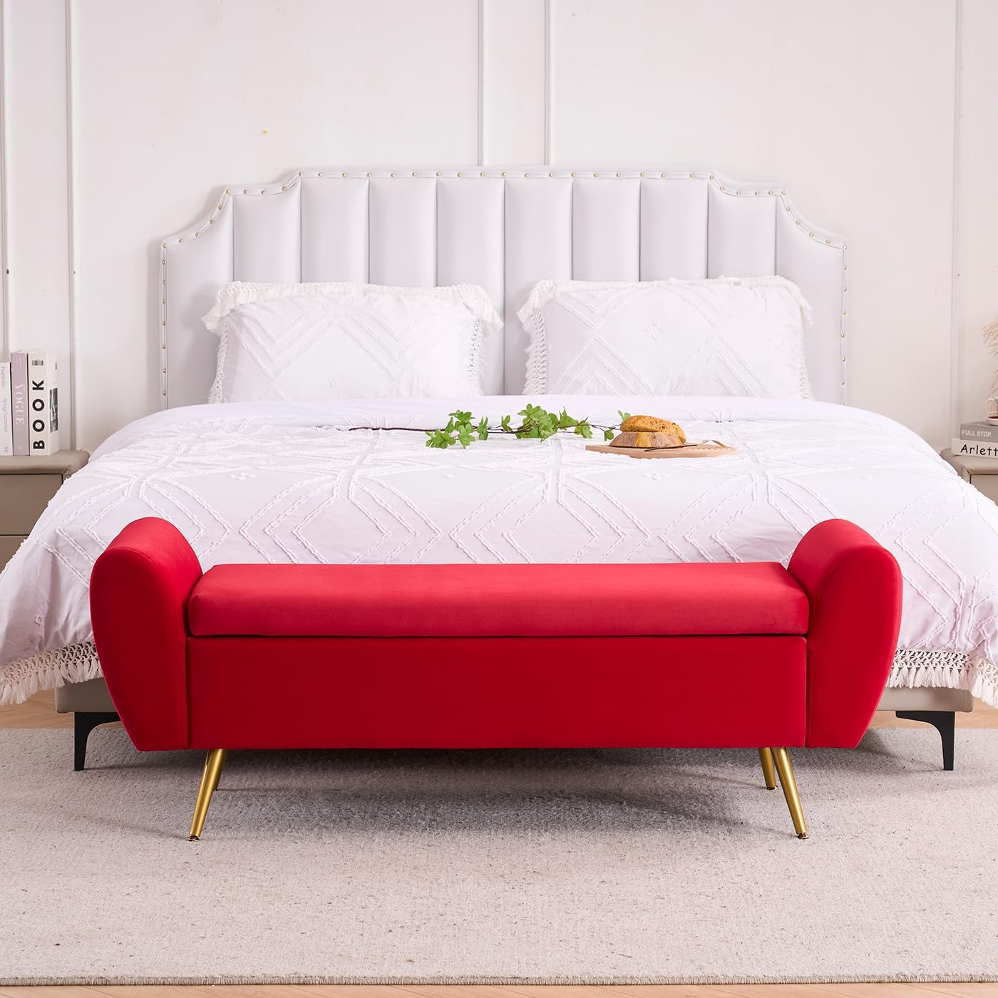 Storage Bench for Bedroom, 55" Extra Long Bench for King Size Bed, Modern Upholstered End of Bed Ottoman Bench with Arms for Entryway Living Room (Velvet, Fuchsia Red)