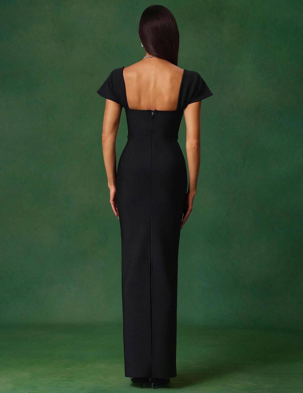 Summer Maxi Short Sleeve Square Neck Evening Dress Charming Diamante Neckline Back Slit Date Night Dress for Women