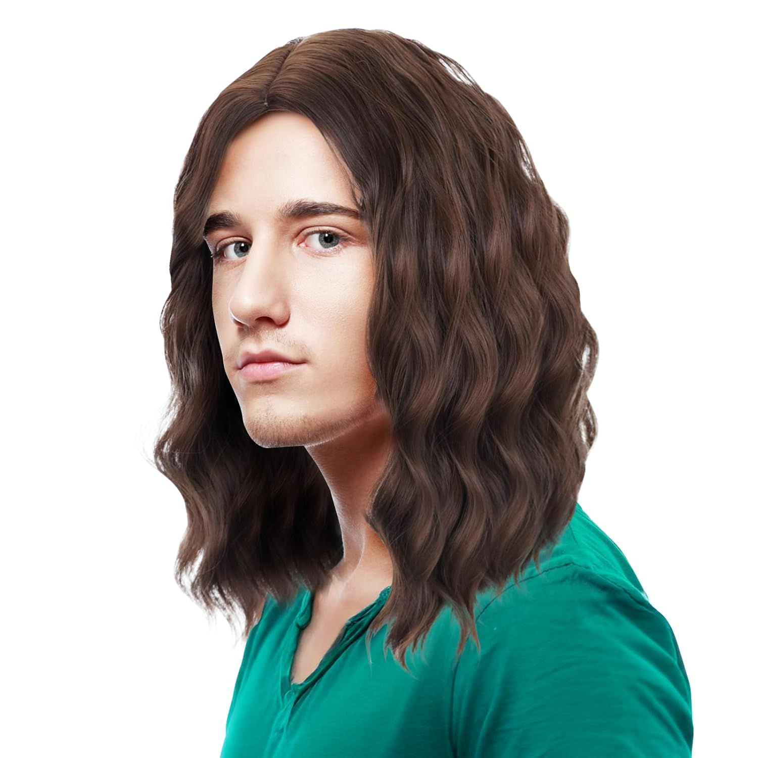 Men Wig Brown Shoulder Length Wavy Brown Wig Middle Part Male Hair for Cosplay Halloween Party