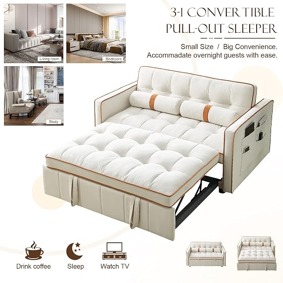 Pull Out Sofa Bed, 55.5 Loveseat Sleeper Sofa Bed, with Side Pocket Storage, Adjustable Backrest and Waist Pillow, Suitable for Small Space, Living Room, Bedroom, Office(Beige)
