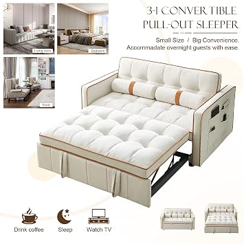Pull Out Sofa Bed, 55.5 Loveseat Sleeper Sofa Bed, with Side Pocket Storage, Adjustable Backrest and Waist Pillow, Suitable for Small Space, Living Room, Bedroom, Office(Beige)