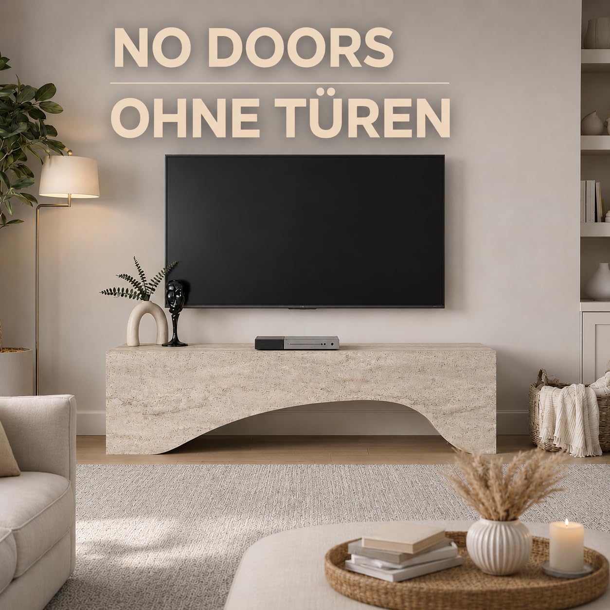 moebel17 TV Lowboard 150 cm Travertin-Optik – TV Schrank für Fernseher bis 65 Zoll – modernes TV Board & TV Ständer in Stein-Optik, Fernsehtisch Lowboard für Wohnzimmer, Beige, 150 x 40 x 31,4 cm